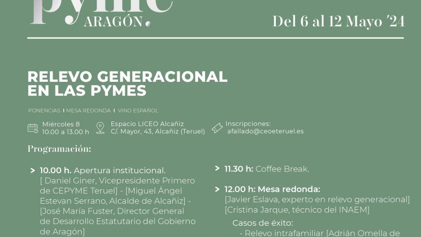 CEPYME Teruel organiza una jornada sobre relevo generacional en las pymes en Alcañiz
