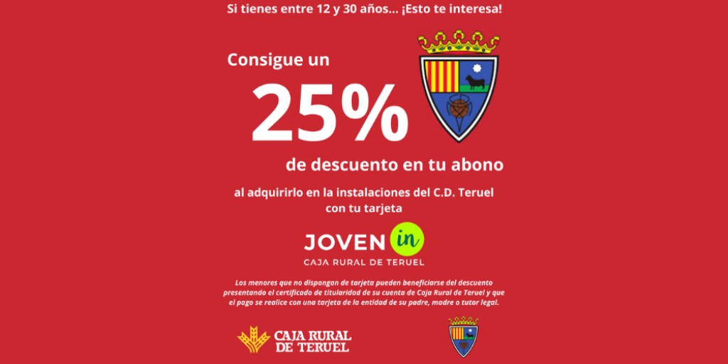 Caja Rural de Teruel y el Club Deportivo Teruel lanzan una campaña de abonos en la que los jóvenes clientes de la entidad podrán beneficiarse de hasta 55 euros de descuento en su abono